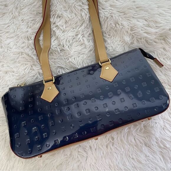 ARCADIA Electric Blue Shoulder HandBag, Shiny Leather zip top closure - Picture 2 of 8